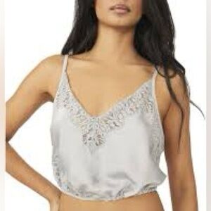 Free People Silver Satin Lace Trim Cropped Tank